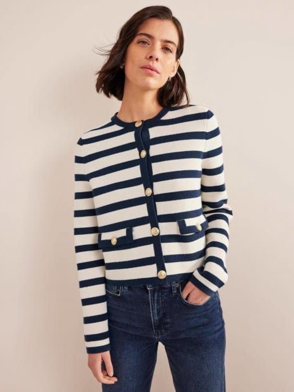 Boden Holly Knitted Jacket Navy Cream Stripe Cotton Nautical Sailing Plus 16/18